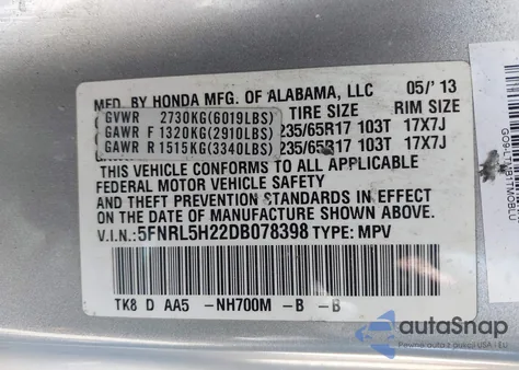 2013 Honda Odyssey Lx из США, поврежденный, VIN 5FNRL5H22DB078398